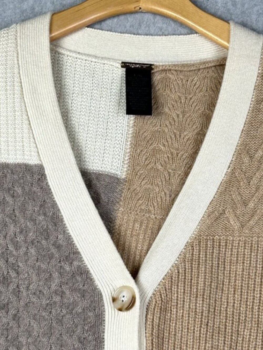 Magaschoni Womens Cashmere Cream Brown Colorblock Knit Cardigan L Boxy Cozy Luxe - Picture 5 of 11